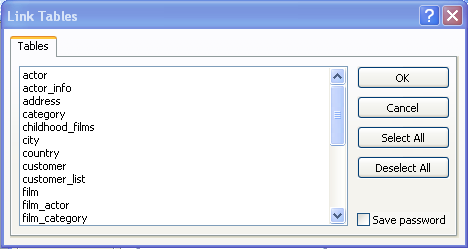 Linking Microsoft Access tables to
                MySQL tables, table selection